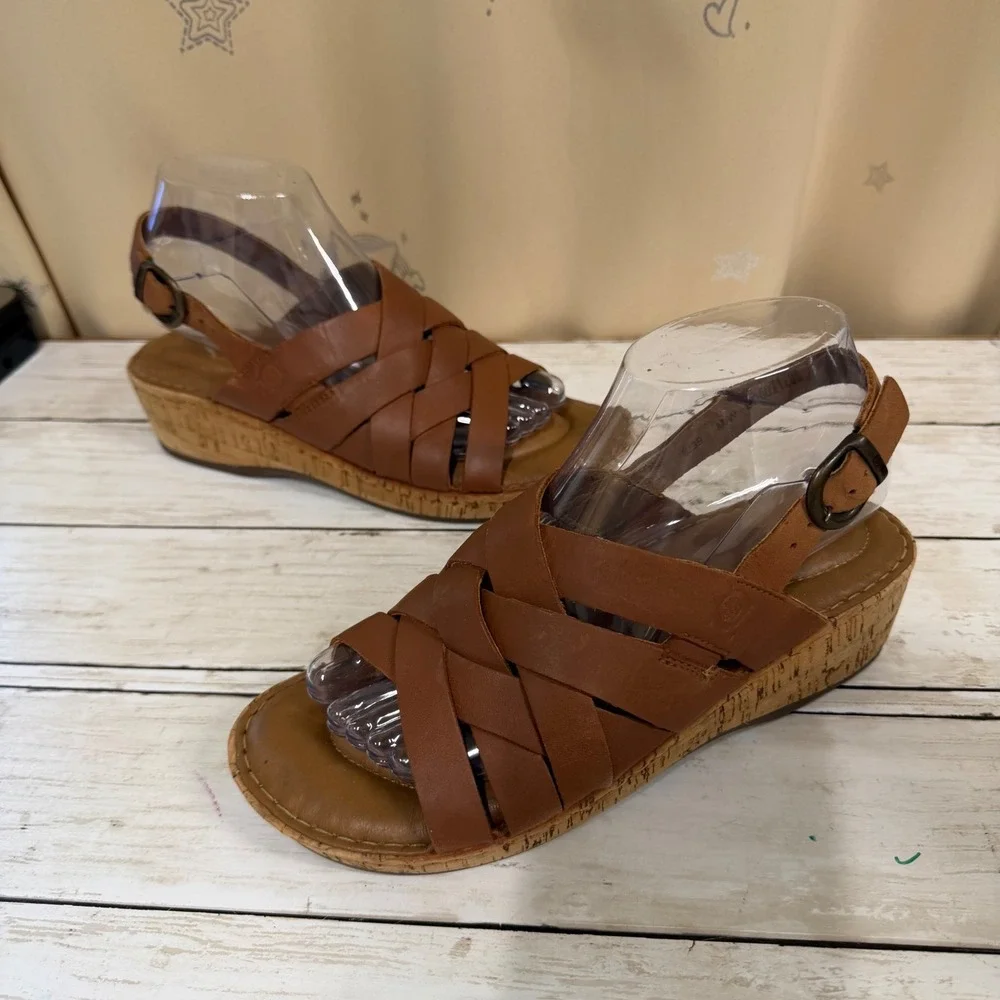Born Wedge Sandals Womens 8 Brown Leather Strappy Woven Cork Slingback F01206